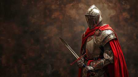 Knight in full armor holding a sword on a dark backdropの素材