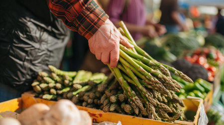 Person holding asparagus at a farmer's marketの素材