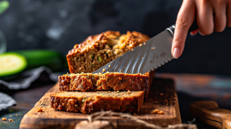 Slicing banana bread on a wooden boardの素材