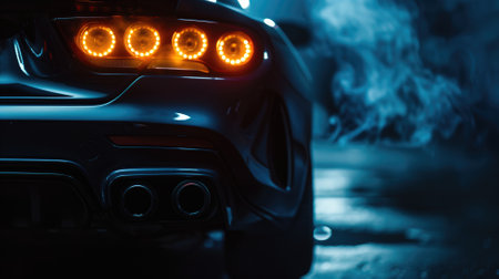 Rear lights of a car glowing in the dark with smokeの素材