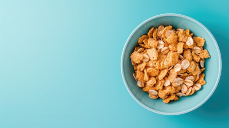 Bowl of crunchy cereal on blue backgroundの素材