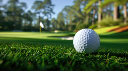 A golf ball on the green near the holeの素材