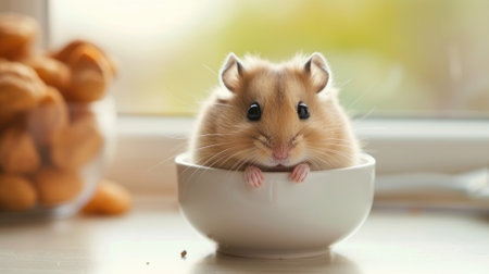 Hamster peeking out of a white ceramic bowlの素材