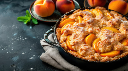 Peach cobbler in a skillet, sprinkled with sugarの素材