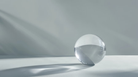 Clear glass sphere on a white surface with shadowsの素材