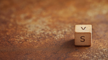 A wooden block with the letters "V" and "S" on a brown backgroundの素材