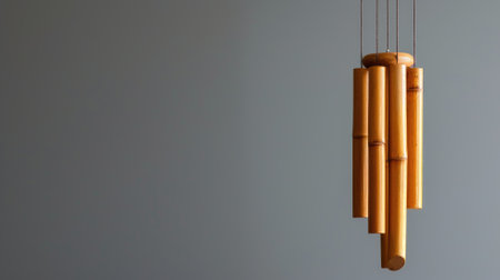 Wooden wind chimes hanging against a soft gray backdropの素材