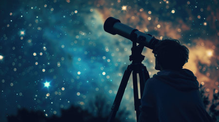 Person using telescope under a starry skyの素材