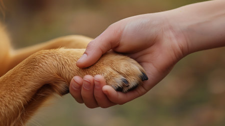 A human hand gently holding a dog's pawの素材