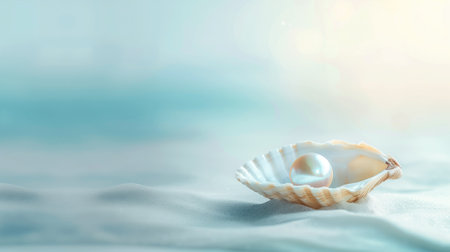 Pearl nestled in seashell against a soft beach backdropの素材
