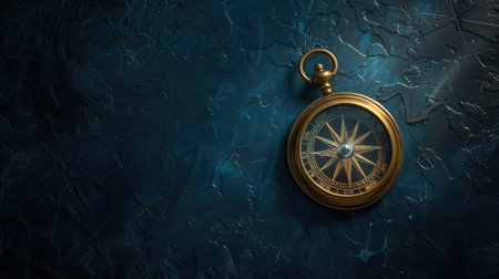 A vintage brass compass prominently displayed on a blue textured background with engravingsの素材