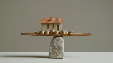 Balance concept with house model and coins on a seesawの素材