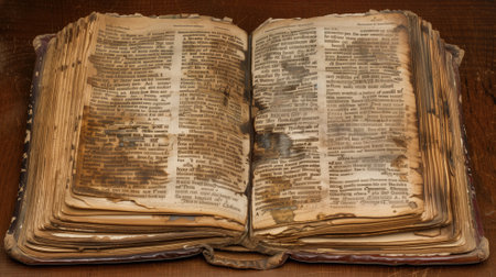 Ancient book with weathered pages open, symbolizing history and knowledgeの素材