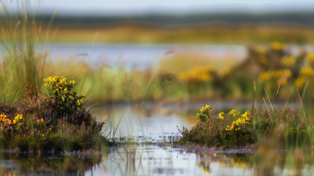 Lush wetland with colorful flora and reflective waterの素材