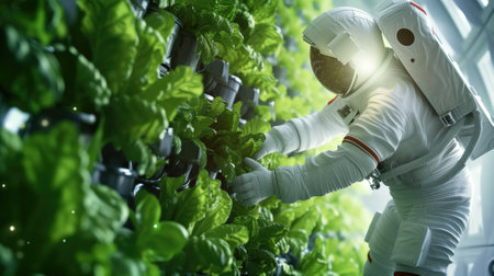 Astronaut tending to green plants in a space habitatの素材