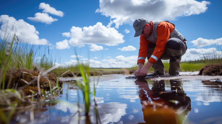 Man examining water quality in a natural wetland environmentの素材