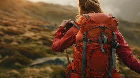 Dynamic view of a hiker with an orange backpack trekking through rugged terrainの素材