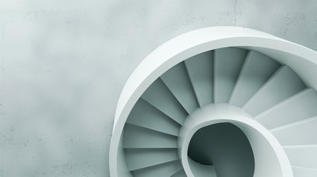 An elegant white spiral staircase with a minimalist design, creating a smooth architectural flowの素材