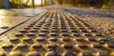 Close-up of tactile paving with golden sunlightの素材