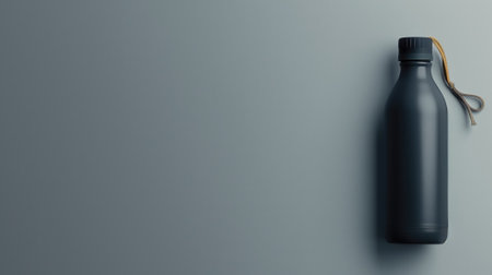 A modern black water bottle with a cord stands out against a grey backdrop, a symbol of hydration and lifestyleの素材