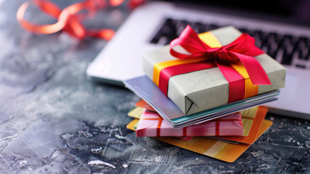 Gift boxes on a laptop suggesting online shopping themeの素材