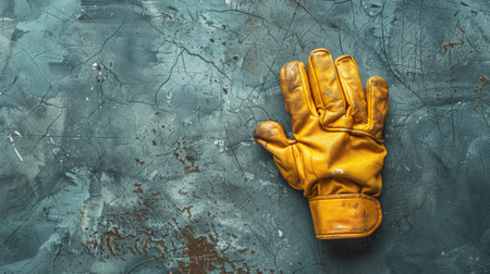 A rugged yellow work glove abandoned on a weathered concrete surface, symbolizing hard labor and craftsmanshipの素材