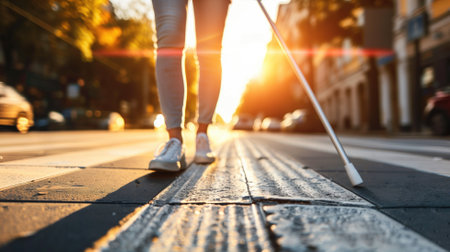 Silhouette of a person with a white cane crossing an urban streetの素材
