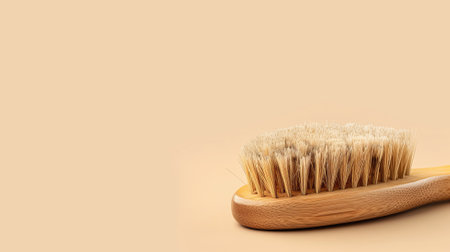 Minimalistic composition of a hairbrush on a beige backgroundの素材