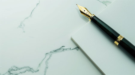 A classic fountain pen rests on a notebook with a luxurious marble background, evoking sophisticationの素材