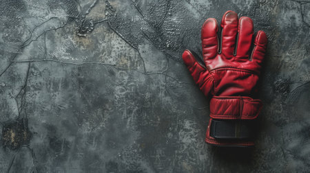 A single red boxing glove lies on a dark, textured concrete surface, suggesting strength and gritの素材