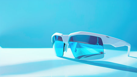 Sleek, modern sunglasses against a bright, reflective blue backdropの素材