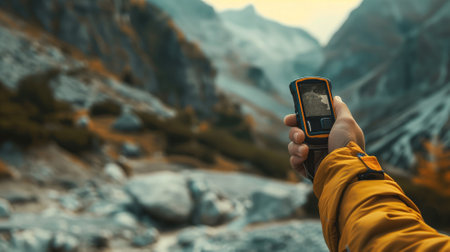 Hand holding a GPS device displaying a map against a backdrop of rugged mountain terrain, signifying adventureの素材