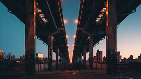 Striking perspective of an urban bridge with glowing lights leading into the city at nightの素材