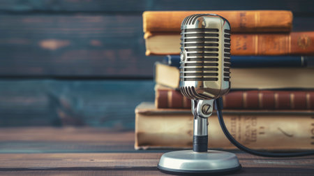 A classic microphone stands before a stack of vintage books, conjuring images of storytelling and the golden age of radioの素材