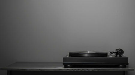 A modern black turntable resting on a minimalist dark table against a neutral backgroundの素材