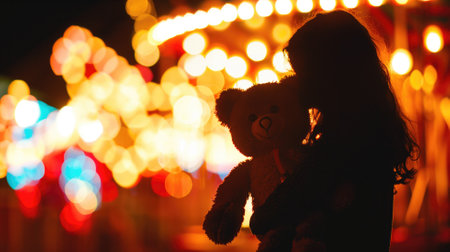 Silhouette of a girl holding a bear against festive lightsの素材