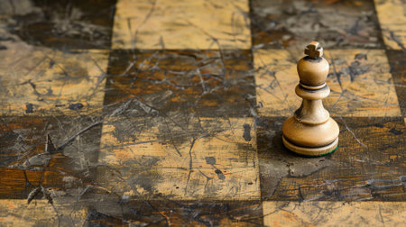 A lone king chess piece stands on a scratched and worn chessboard, symbolizing strategy and resilienceの素材