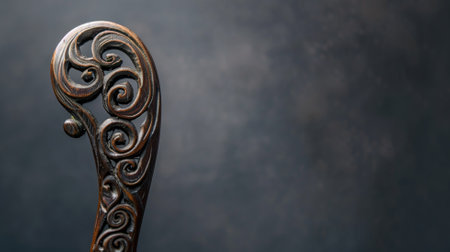 Close-up of a violin's intricately carved scroll against a dark backdrop, highlighting the art of instrument makingの素材