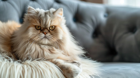 A regal Persian cat lounging on a fluffy cushion with an attentive gazeの素材