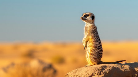 A vigilant meerkat standing upright on a rock against a desert backdropの素材