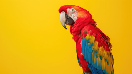 A majestic scarlet macaw parrot against a yellow backdropの素材