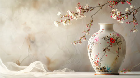 A classic vase painted with delicate cherry blossoms stands against a soft, ethereal backgroundの素材