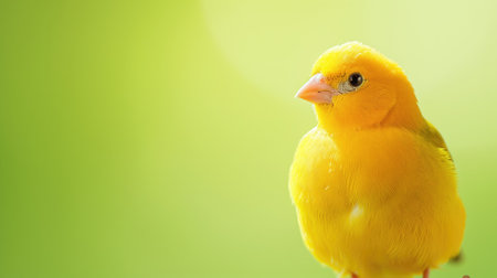 Vibrant yellow canary perched, contrasting with a green backdropの素材