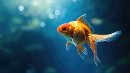 A vibrant goldfish glides through the clear blue water with eleganceの素材