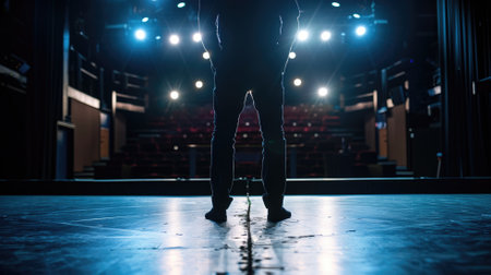 Photo for A performer stands in silhouette on a theater stage, spotlights casting a dramatic scene - Royalty Free Image