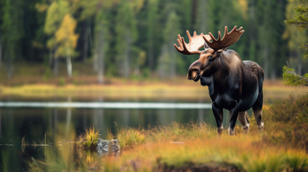 Majestic moose standing by a tranquil lake surrounded by autumn colorsの素材