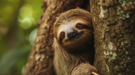 A gentle sloth with a friendly gaze peering around a tree in a lush forestの素材