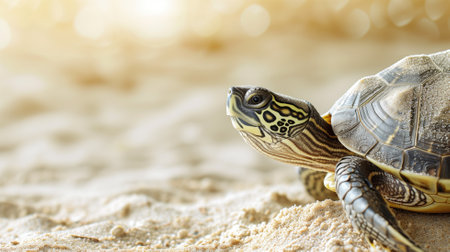 A serene sea turtle on a sunlit beach with glistening sand, ready to explore the oceanの素材