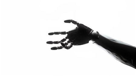 A single robotic hand with articulated fingers outstretched, isolated on whiteの素材