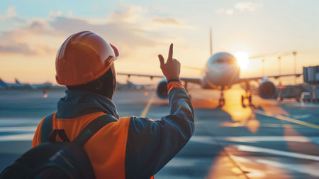 Airport worker signaling with hand at sunrise on the tarmacの素材